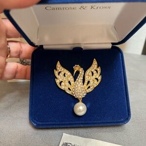 Camrose and Kross Gold Peacock Brooch with Pearl Drop